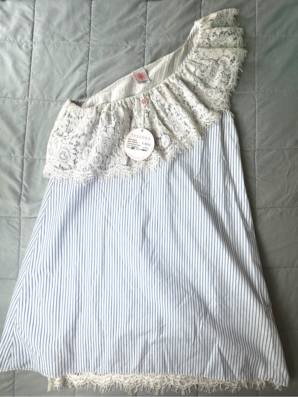 NWT Tessora Dale Blue Stripe One Shoulder Lace Ruffle Dress Size S / M